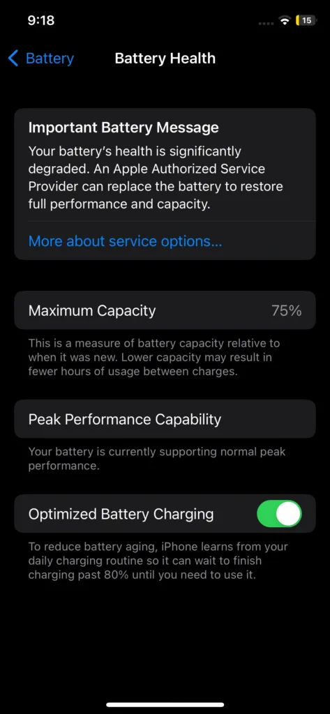 iPhone Battery Health screen displaying a significant battery health degradation message and a maximum capacity of 75%. This visual demonstrates the condition of an iPhone with low battery health, providing insights into whether you can sell an iPhone with low battery.